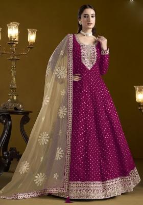 Rani Pink Embroidered Silk Anarkali Set With Dupatta