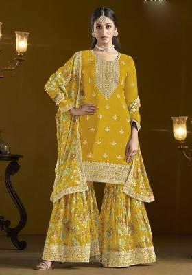 Yellow Embroidered Silk Palazzo Set With Dupatta