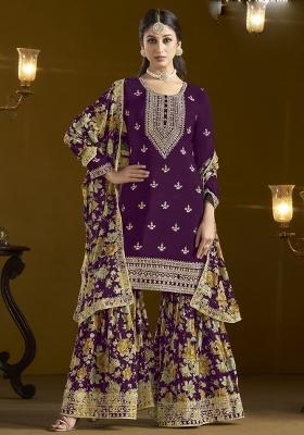 Wine Embroidered Silk Palazzo Set With Dupatta