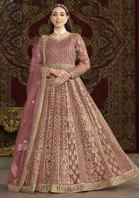 Light Pink Embroidered Net Anarkali Set With Dupatta