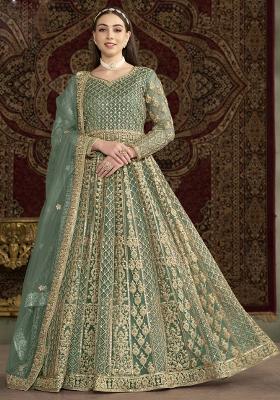 Sea Green Embroidered Net Anarkali Set With Dupatta