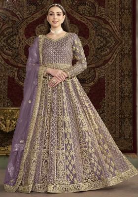 Lavender Embroidered Net Anarkali Set With Dupatta