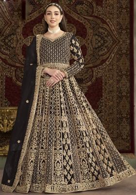 Dark Brown Embroidered Net Anarkali Set With Dupatta