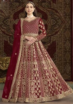 Maroon Embroidered Net Anarkali Set With Dupatta