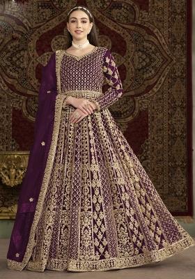 Violet Embroidered Net Anarkali Set With Dupatta