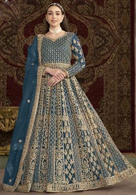 Aqua Blue Embroidered Net Anarkali Set With Dupatta