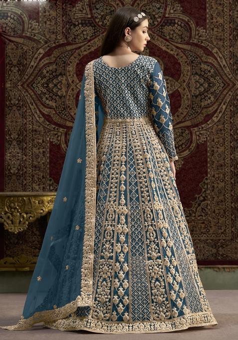 AQUA CHEVRON PRINTED ANARKALI WITH DUPATTA main image 0