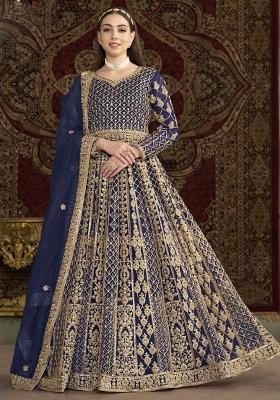 Blue Embroidered Net Anarkali Set With Dupatta