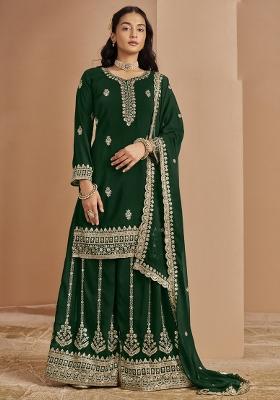 Green Embroidered Georgette Palazzo Set With Dupatta