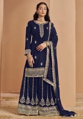 Navy Blue Embroidered Georgette Palazzo Set With Dupatta