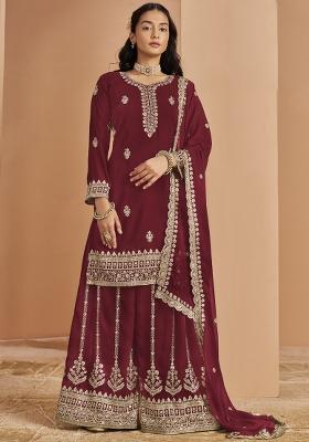 Maroon Embroidered Georgette Palazzo Set With Dupatta