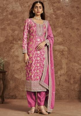 Pink Embroidered Silk Salwar Kameez with Dupatta