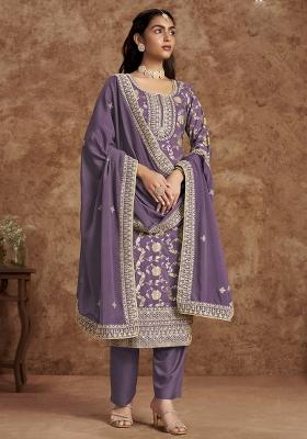 Lavender Embroidered Silk Salwar Kameez with Dupatta