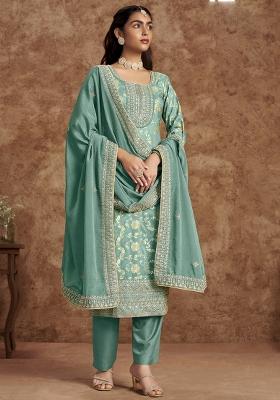 Sky Blue Embroidered Silk Salwar Kameez with Dupatta