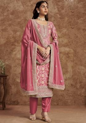Light Peach Embroidered Silk Salwar Kameez with Dupatta