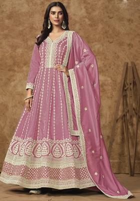 Pink Embroidered Silk Anarkali Set With Dupatta