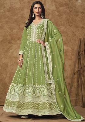 Light Green Embroidered Silk Anarkali Set With Dupatta