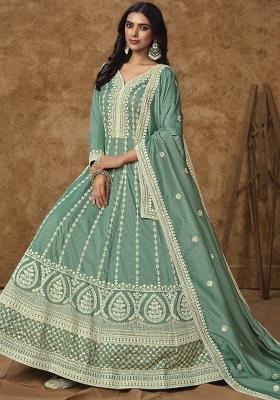 Sea Green Embroidered Silk Anarkali Set With Dupatta