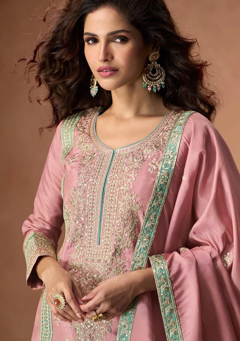 Pink Embroidered Vichitra Silk Sharara Set With Dupatta