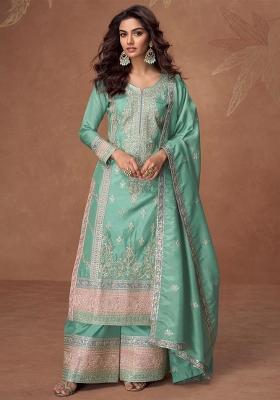 Light Green Embroidered Vichitra Silk Sharara Set With Dupatta