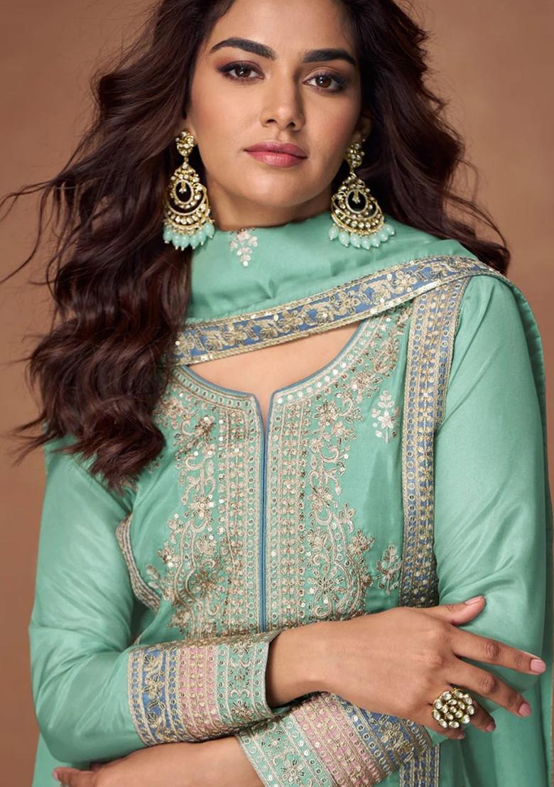 Light Green Embroidered Vichitra Silk Sharara Set With Dupatta