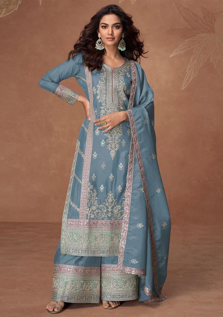 Baby Blue Embroidered Vichitra Silk Sharara Set With Dupatta