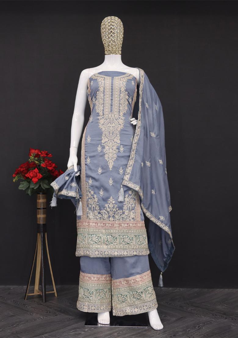 Baby Blue Embroidered Vichitra Silk Sharara Set With Dupatta