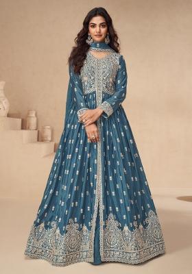 Blue Embroidered Chinnon Anarkali Set With Dupatta