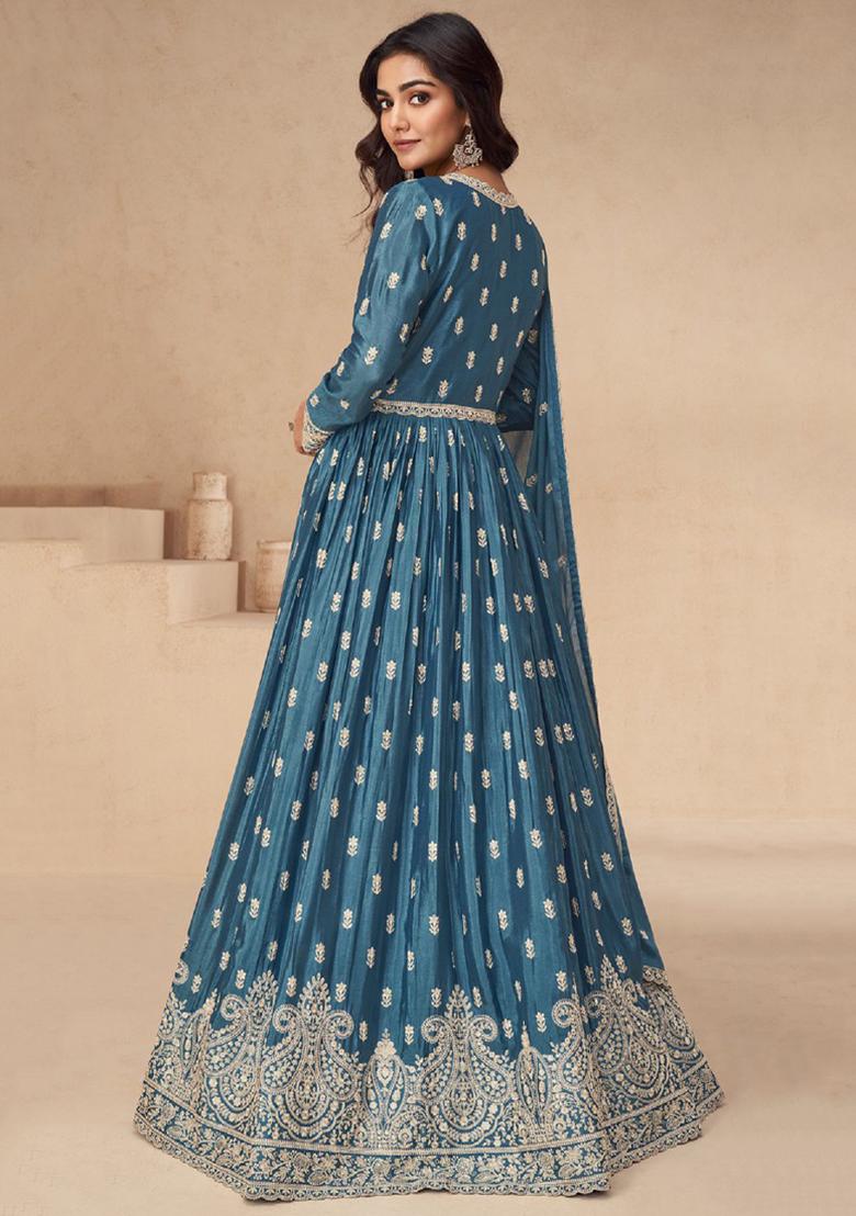 Blue Embroidered Chinnon Anarkali Set With Dupatta