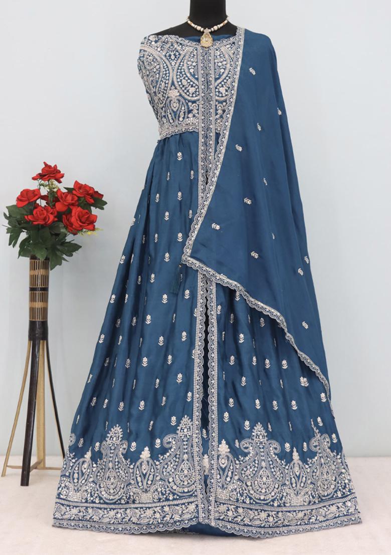 Blue Embroidered Chinnon Anarkali Set With Dupatta