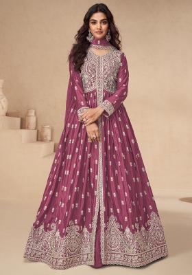 Pink Embroidered Chinnon Anarkali Set With Dupatta
