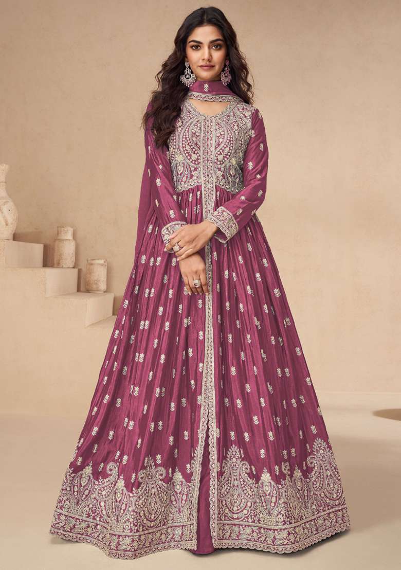 Pink Embroidered Chinnon Anarkali With Dupatta With Dupatta - Indya