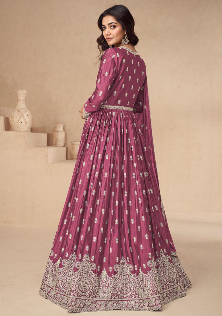Pink Embroidered Chinnon Anarkali Set With Dupatta