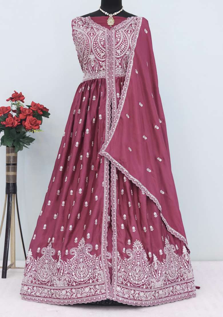 Pink Embroidered Chinnon Anarkali With Dupatta With Dupatta - Indya