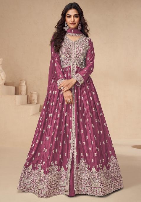 Pink Embroidered Chinnon Anarkali Set With Dupatta
