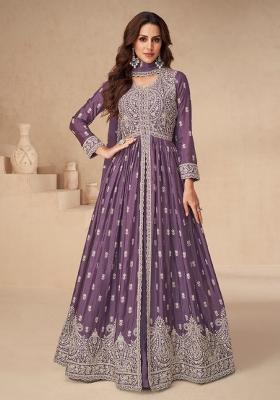 Lilac Embroidered Chinnon Anarkali Set With Dupatta