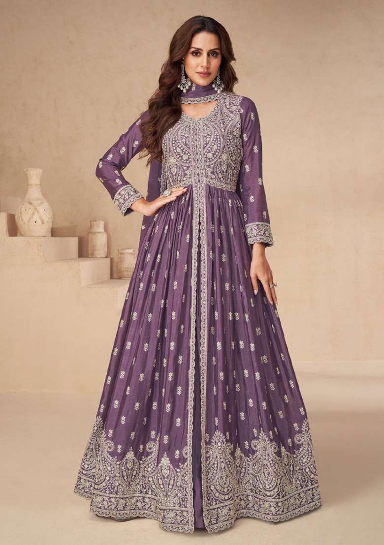 Lilac Embroidered Chinnon Anarkali With Dupatta With Dupatta - Indya