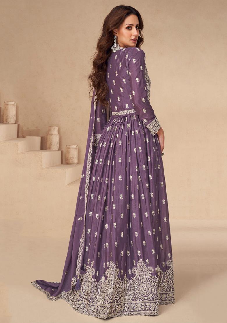 Lilac Embroidered Chinnon Anarkali Set With Dupatta