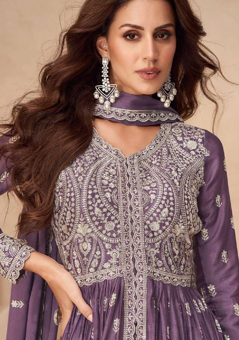 Lilac Embroidered Chinnon Anarkali With Dupatta With Dupatta - Indya