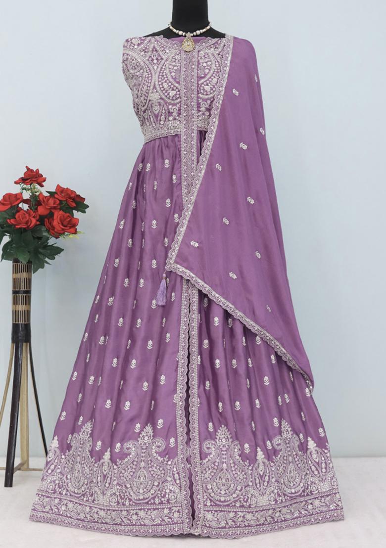 Lilac Embroidered Chinnon Anarkali Set With Dupatta
