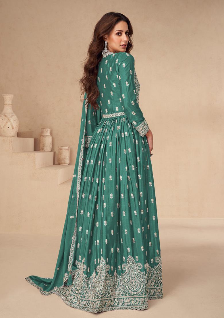 Green Embroidered Chinnon Anarkali Set With Dupatta