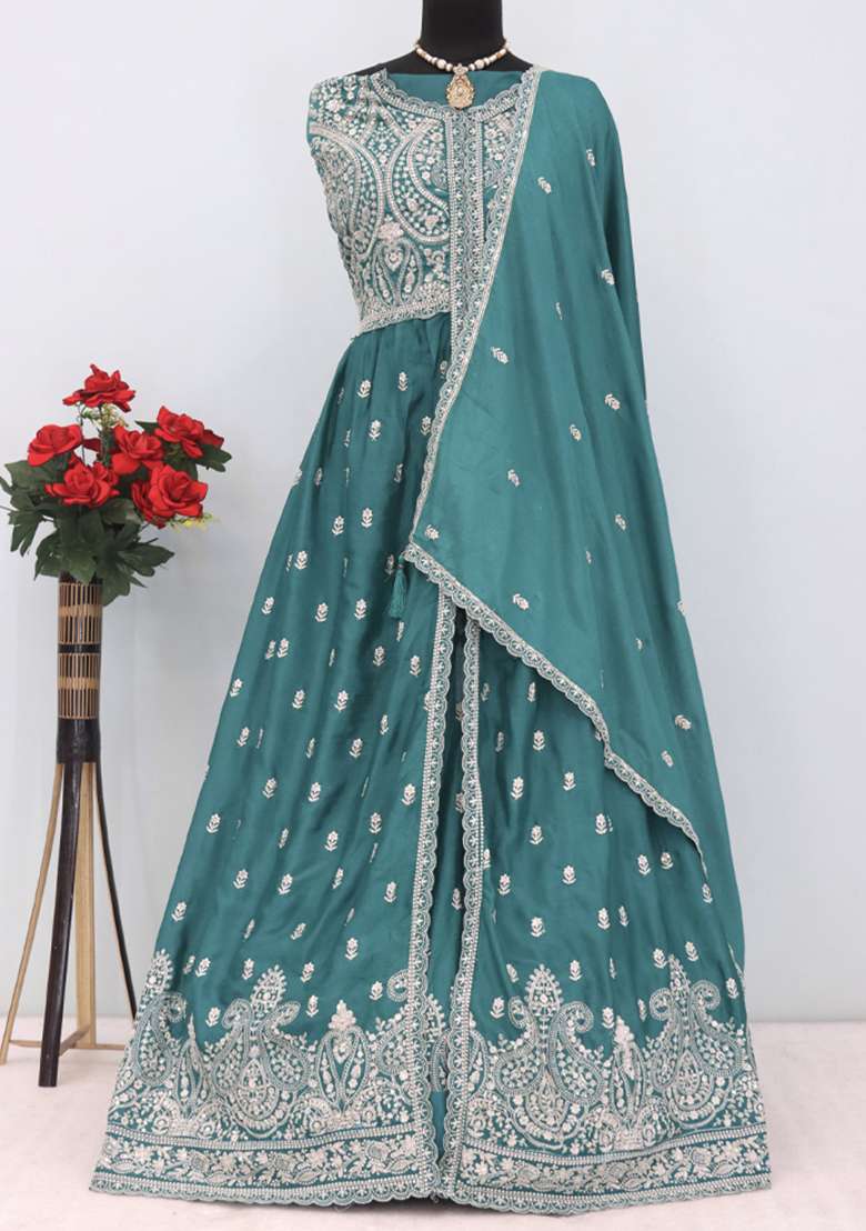 Green Embroidered Chinnon Anarkali With Dupatta With Dupatta - Indya
