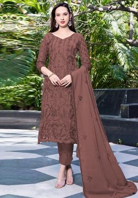 Dark Beige Embroidered Georgette Salwar Kameez with Dupatta