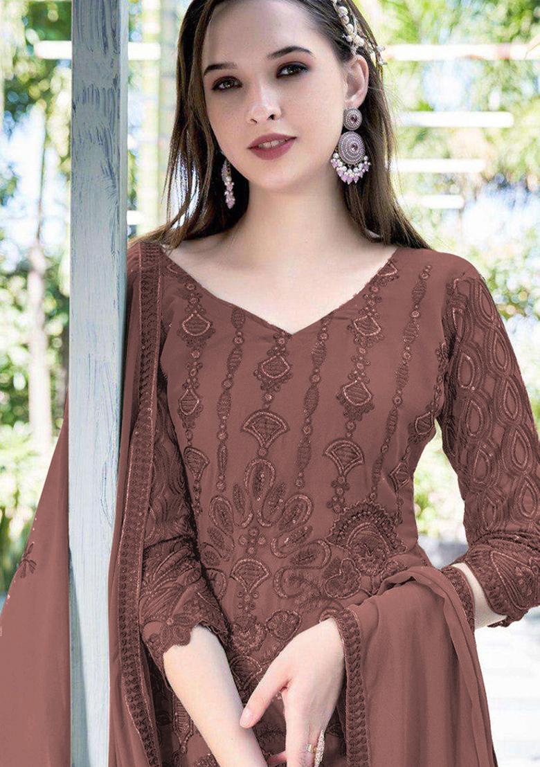 Dark Beige Embroidered Georgette Salwar Kameez with Dupatta