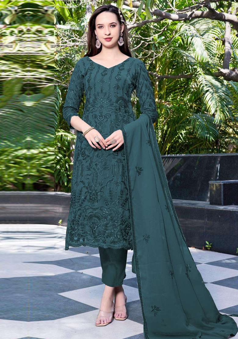 Rama Blue Embroidered Georgette Salwar Kameez with Dupatta - Indya