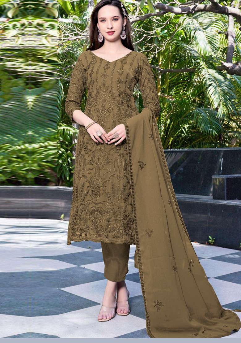 Mahendi Green Embroidered Georgette Salwar Kameez with Dupatta - Indya