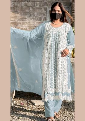 Sky Blue Embroidered Georgette Salwar Kameez with Dupatta