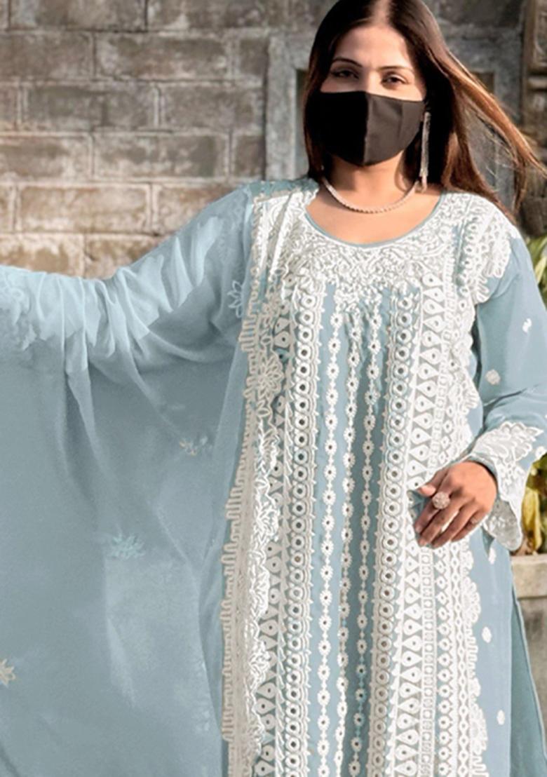 Sky Blue Embroidered Georgette Salwar Kameez with Dupatta