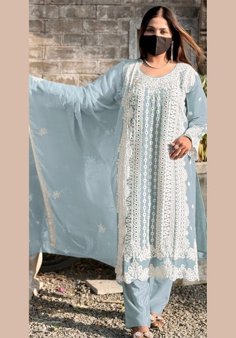 Sky Blue Embroidered Georgette Salwar Kameez with Dupatta