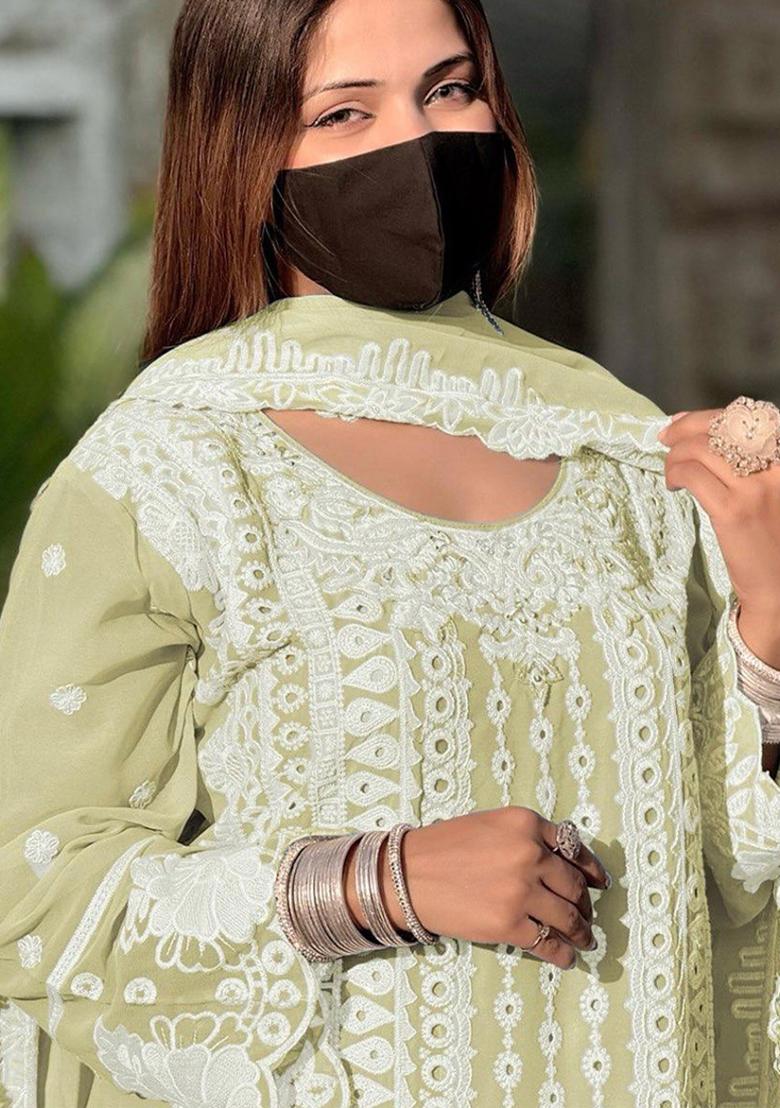 Light Yellow Embroidered Georgette Salwar Kameez with Dupatta